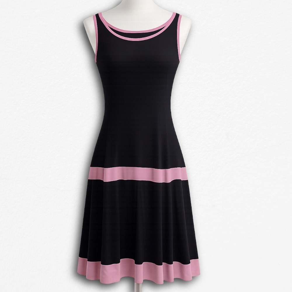 Niche USA Womens Y2K Sleeveless Fit Flare Dress Black‎ Pink Trim Knee Length
